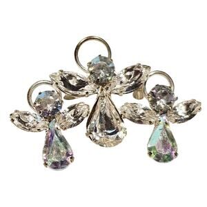 Rhinestone Angel Brooch Trio Clear AB Crystal Holiday Christmas Pin, Gift Box